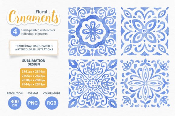 Download Watercolor Floral Blue Tile Ornaments - Premium Resources